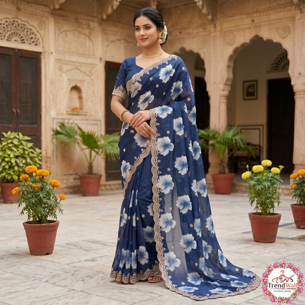 Navy Blue Chiffon Printed Bollywood Crepe Saree with Unstitched Blouse