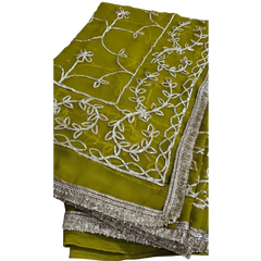 Olive Green Georgette Embroidery Saree with Unstitched Blouse