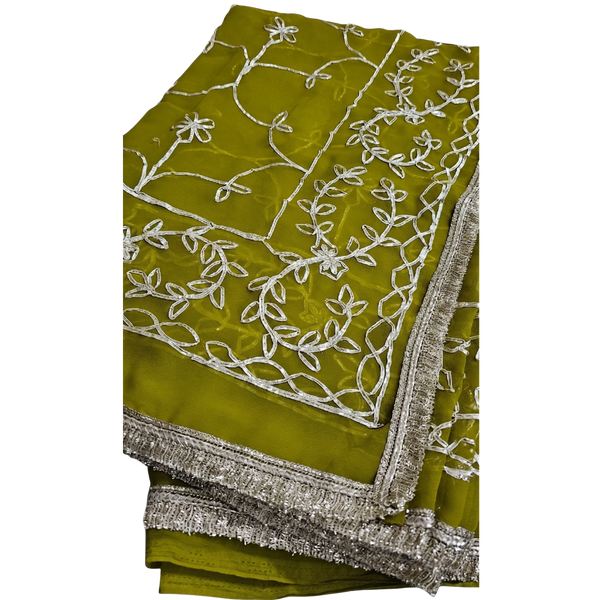 Olive Green Georgette Embroidery Saree
