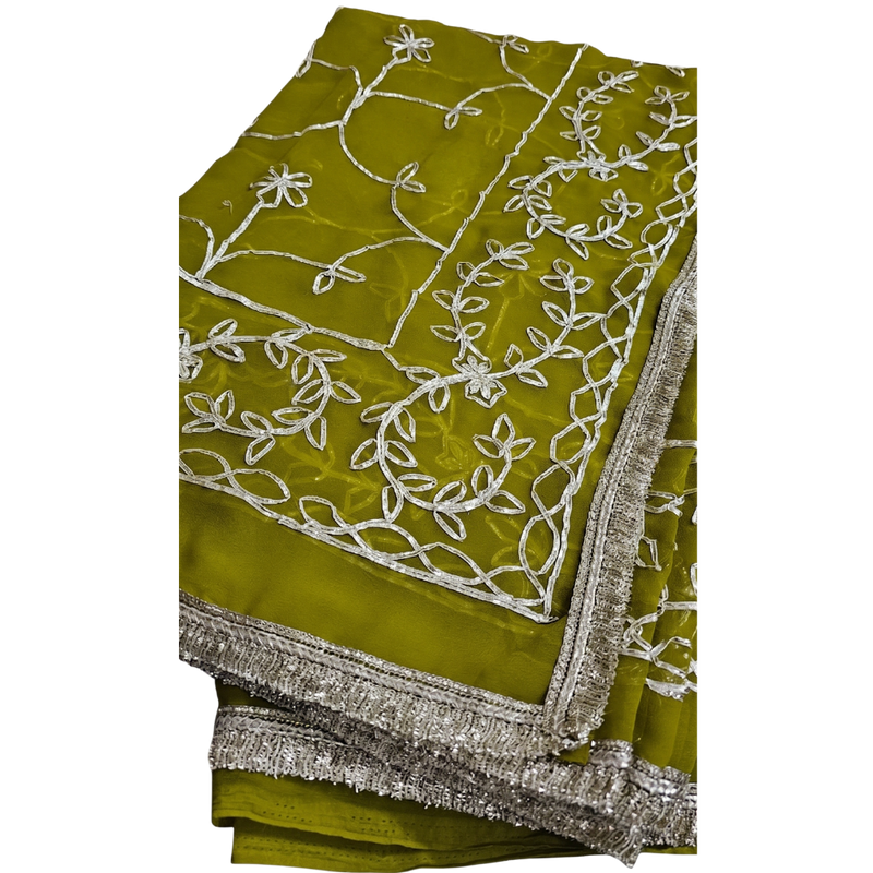 Olive Green Georgette Embroidery Saree with Unstitched Blouse