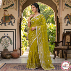 Olive Green Georgette Embroidery Saree with Unstitched Blouse