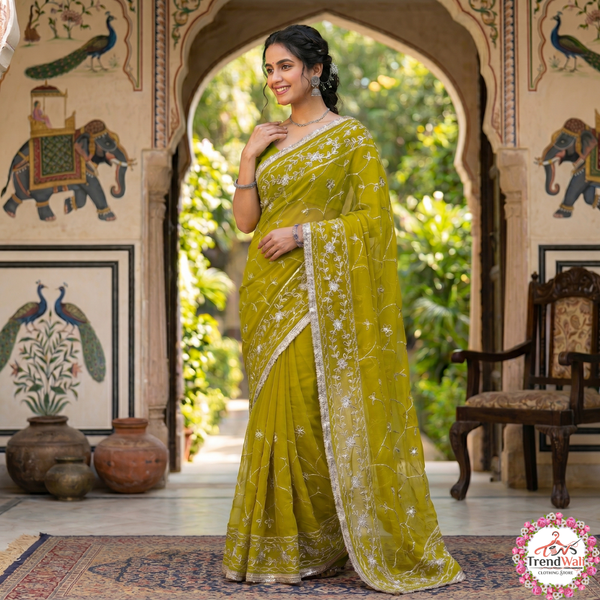 Olive Green Georgette Embroidery Saree with Unstitched Blouse