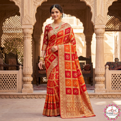 Orange Bandhani Art Silk Jacquard Gharchola Saree with Unstitched Blouse