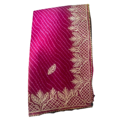 Rani Pink Leheriya Gota Patti Handmade Saree Without Blouse