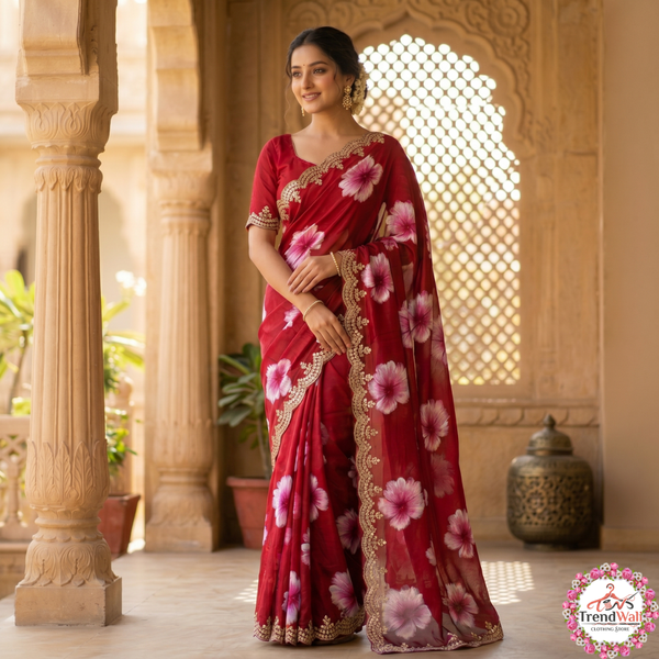 Pink Chiffon Printed Bollywood Crepe Saree with Unstitched Blouse