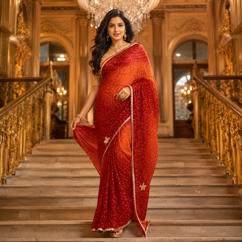 Rajwada Sunset Chunari Doriya Saree With Blouse