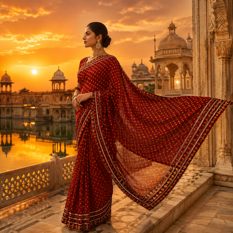 Rajwadi Crimson Chunari Doriya Saree With Blouse