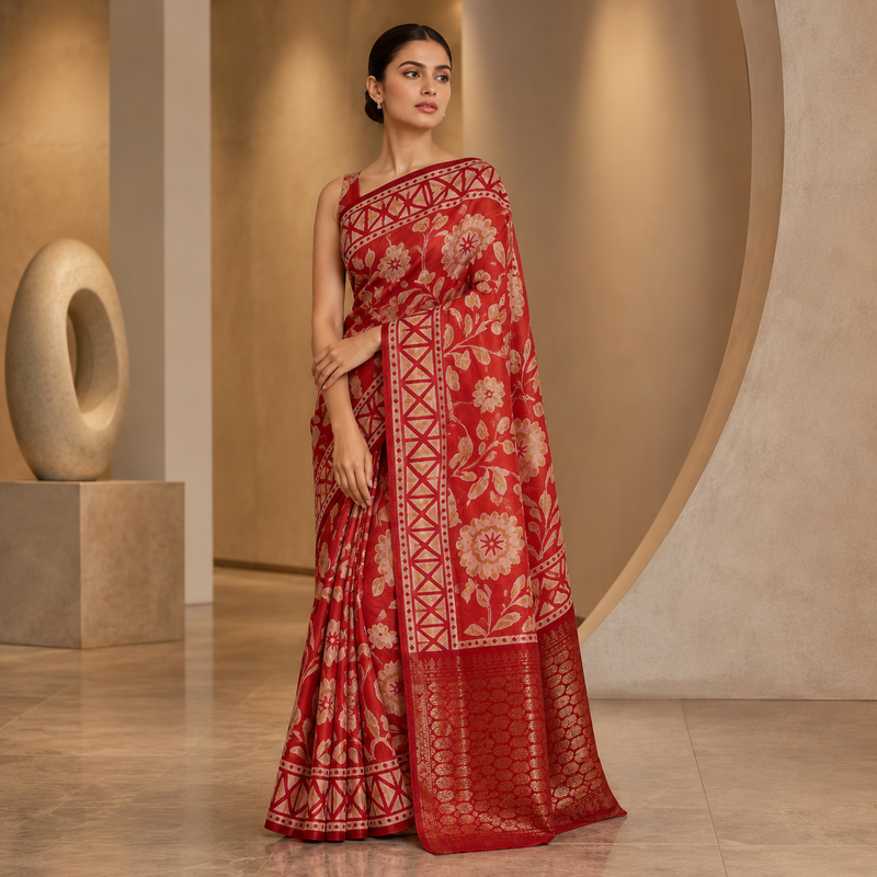 Rangmahal Crimson Floral Silk Saree