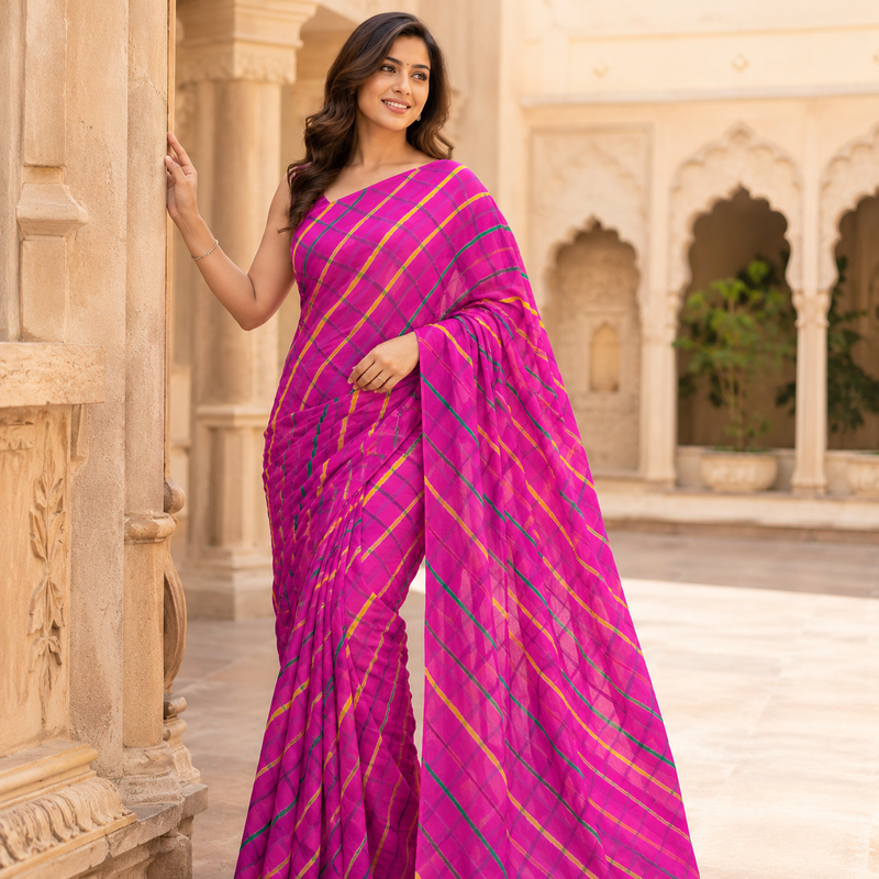 Rani Pink Leheriya Printed Saree for Women