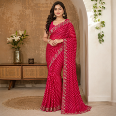 Rani Pink Leheriya Saree with Embroidered Border and Unstitched Blouse