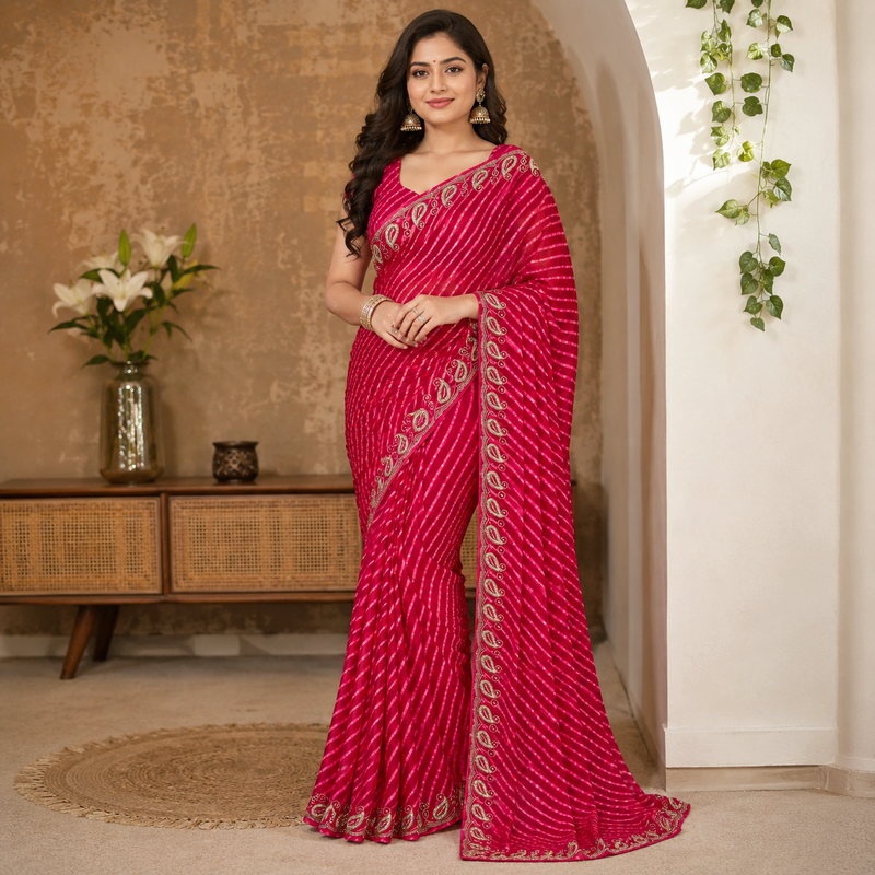Rani Pink Leheriya Saree with Embroidered Border and Unstitched Blouse