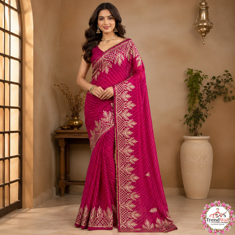 Rani Pink Leheriya Gota Patti Handmade Saree Without Blouse