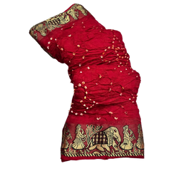 Red Bandhani Cotton Jute Silk Blend Saree with Unstitched Blouse