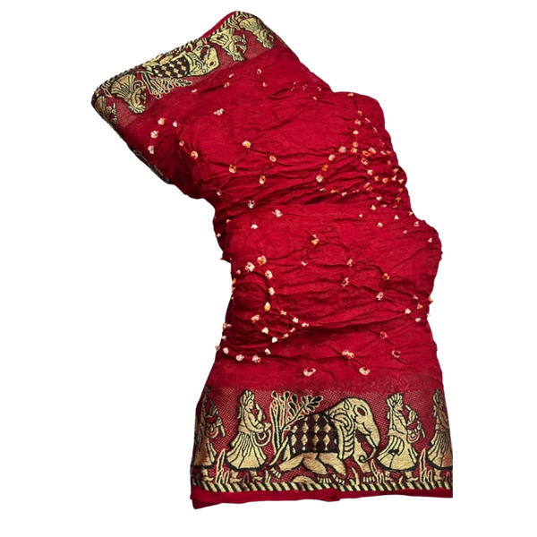 Red Bandhani Cotton Jute Silk Blend Saree
