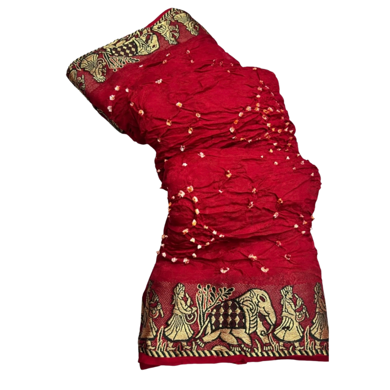 Red Bandhani Cotton Jute Silk Blend Saree with Unstitched Blouse