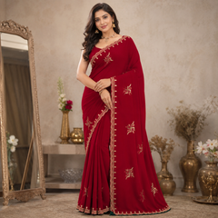 Red Georgette Saree with Embroidered Border and Unstitched Blouse