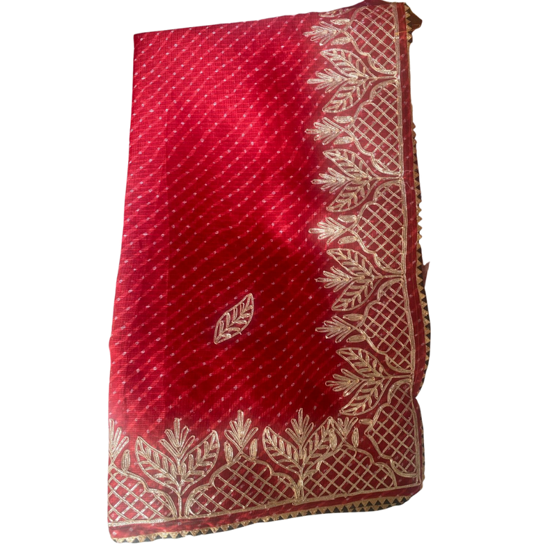 Red Leheriya Gota Patti Handmade Saree Without Blouse