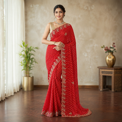 Red Leheriya Saree with Embroidered Paisley Border and Unstitched Blouse