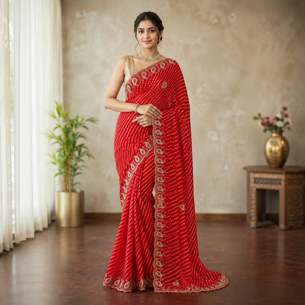 Red Leheriya Saree with Embroidered Paisley Border and Unstitched Blouse