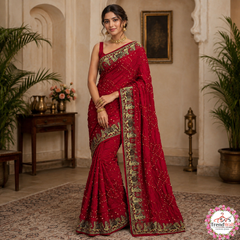 Red Bandhani Cotton Jute Silk Blend Saree with Unstitched Blouse