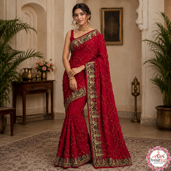 Red Bandhani Cotton Jute Silk Blend Saree with Unstitched Blouse