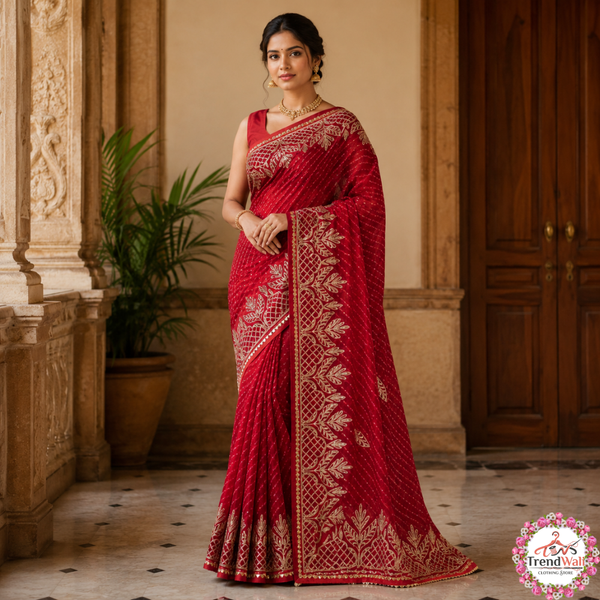 Red Leheriya Gota Patti Handmade Saree Without Blouse
