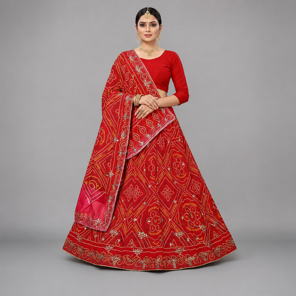 Red Embroidered Bandhani Semi-Stitched Lehenga Set with Dupatta