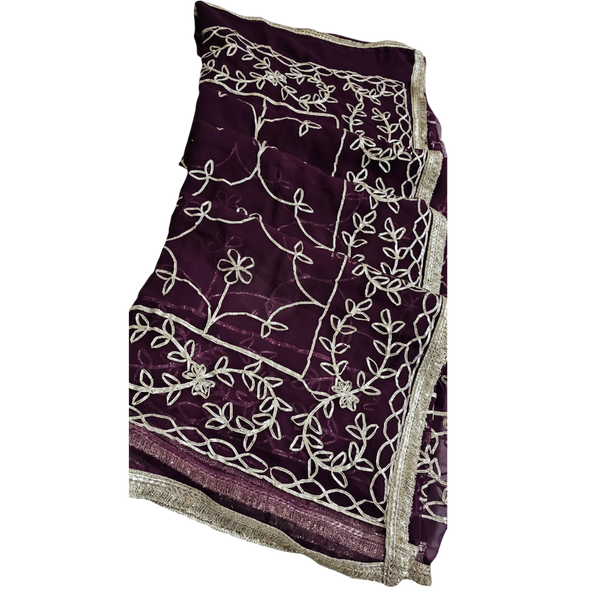 Purple Georgette Embroidery Saree