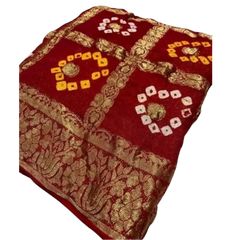 Traditional Red Gharchola Bandhani Art Silk Jacquard Saree with Unstitched Blouse