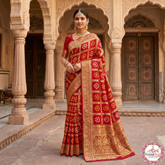 Traditional Red Gharchola Bandhani Art Silk Jacquard Saree with Unstitched Blouse