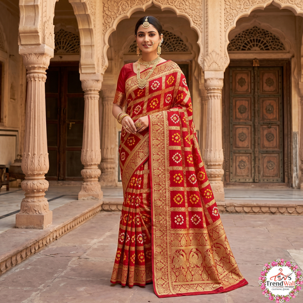 Traditional Red Gharchola Bandhani Art Silk Jacquard Saree with Unstitched Blouse