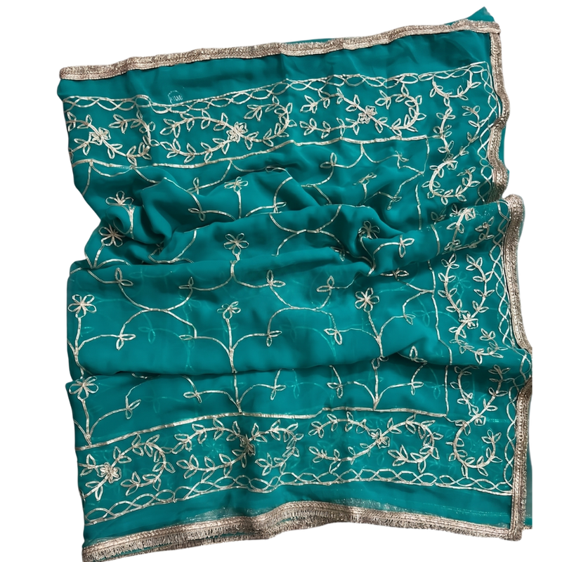 Shop turquoise blue georgette embroidery saree with unstitched blouse. Lightweight, stylish & perfect for weddings, parties and festivals.