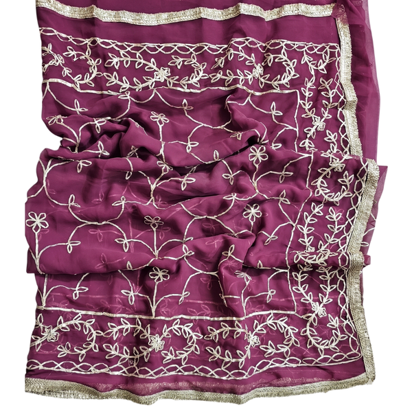 Wine Purple Georgette Embroidery Saree
