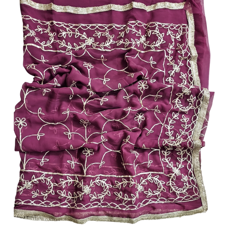 Wine Purple Georgette Embroidery Saree with Unstitched Blouse