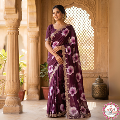 Wine Purple Chiffon Printed Bollywood Crepe Saree with Unstitched Blouse