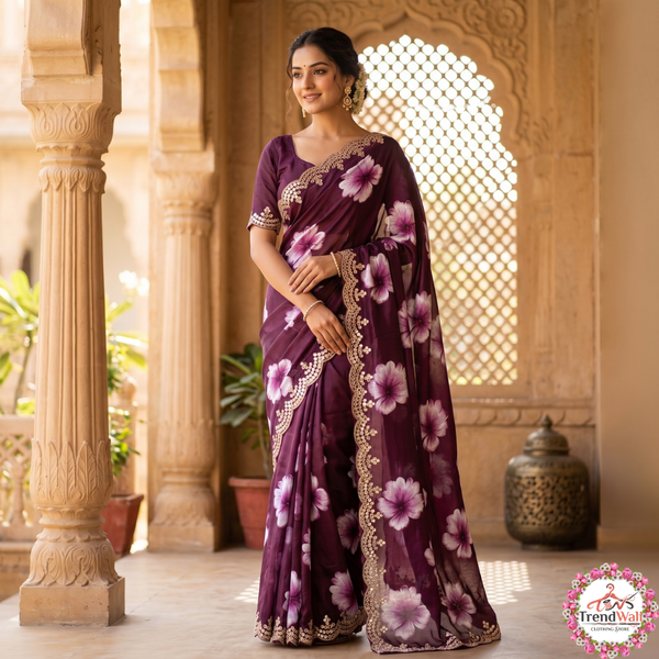 Wine Purple Chiffon Printed Bollywood Crepe Saree with Unstitched Blouse