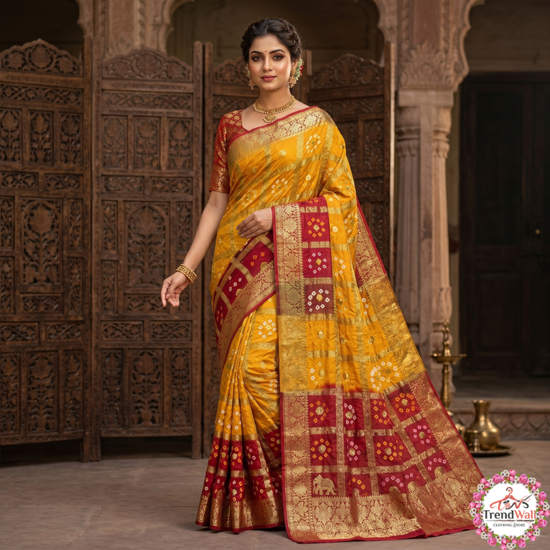 Yellow & Red Bandhani Art Silk Jacquard Gharchola Saree with Unstitched Blouse