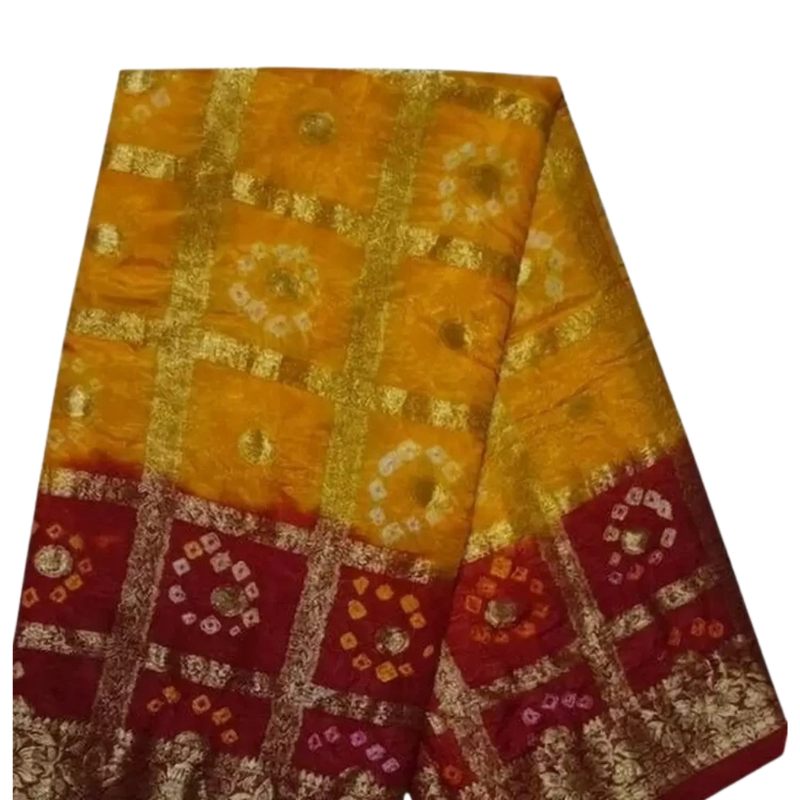 Yellow & Red Bandhani Art Silk Jacquard Gharchola Saree with Unstitched Blouse